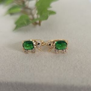 Small Gold Filled Huggie Hoop Earrings Emerald Green Elephant